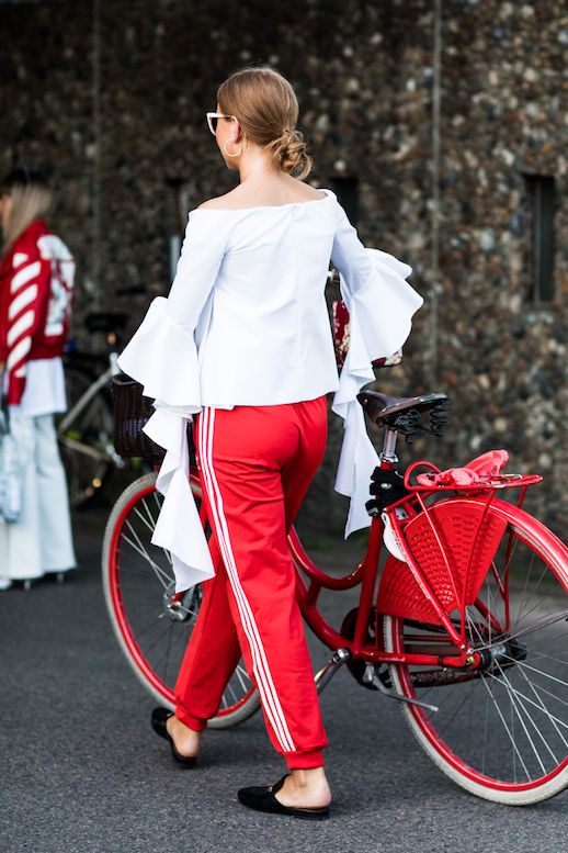 red track pants outfit